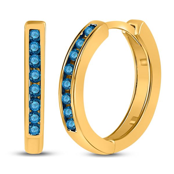 Round Blue Color Enhanced Diamond Hoop Earrings 1/4 Cttw 10KT Yellow Gold