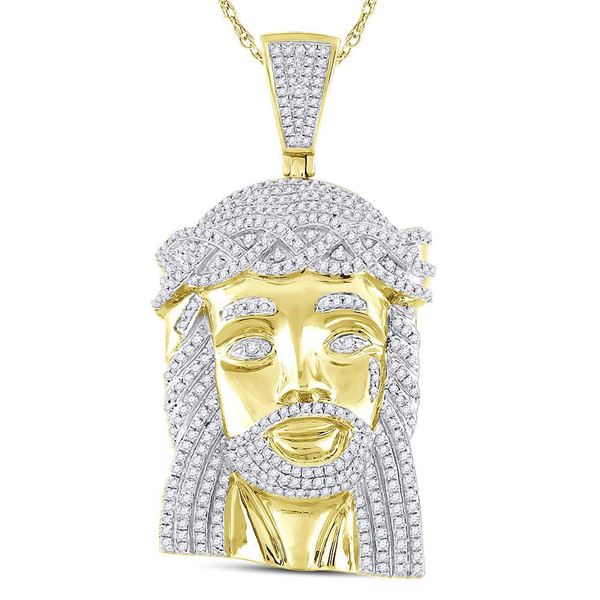 Round Diamond Jesus Face Charm Pendant 1-5/8 Cttw 10KT Yellow Gold