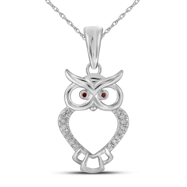 Round Red Color Enhanced Diamond Owl Bird Animal Pendant 1/20 Cttw 10KT White Gold