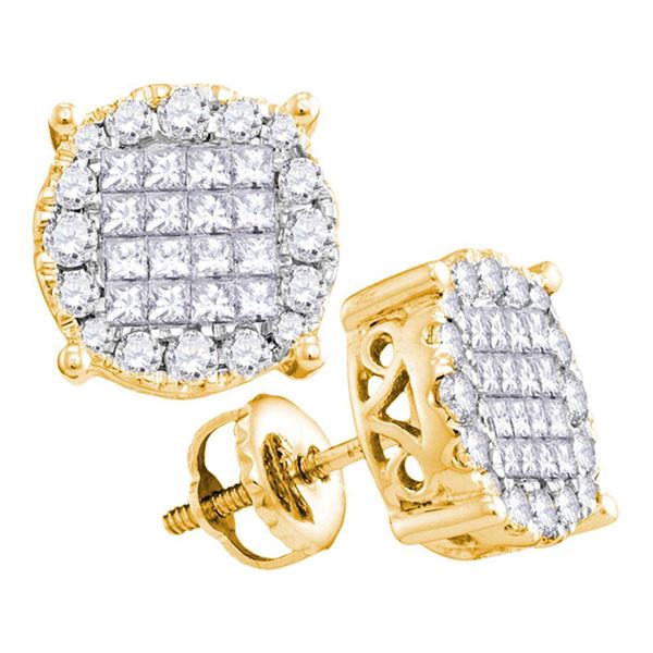Princess Round Diamond Cluster Earrings 1 Cttw 14KT Yellow Gold