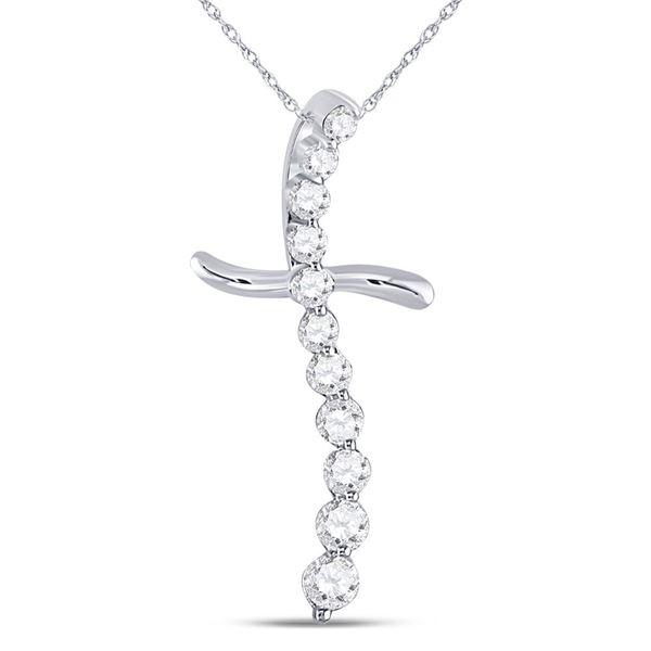 Round Diamond Curved Cross Pendant 1/4 Cttw 10KT White Gold
