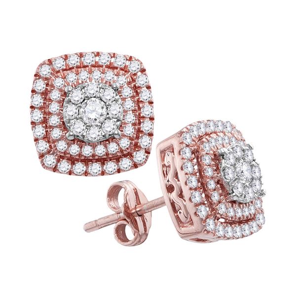 Round Diamond Cushion Cluster Stud Earrings 1 Cttw 14KT Rose Gold