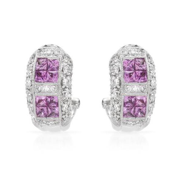 Natural 1.92 CTW Pink Sapphire & Diamond Earrings 18K White Gold - REF-147F6M