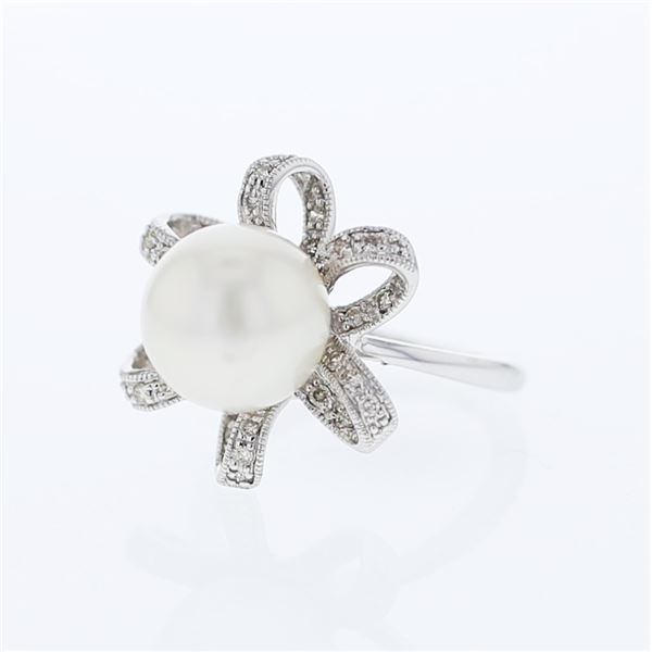 Natural 10.82 CTW Pearl & Diamond Ring W=16MM 18K Gold - REF-98W3H