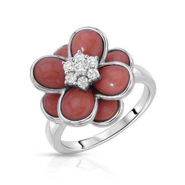 Natural 4.79 CTW Coral & Diamond Ring 18K White Gold - REF-101W7H