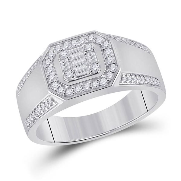 Baguette Diamond Octagon Cluster Ring 1/2 Cttw 14kt White Gold