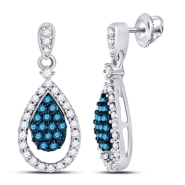 Blue Color Enhanced Diamond Teardrop Dangle Earrings 5/8 Cttw 10kt White Gold