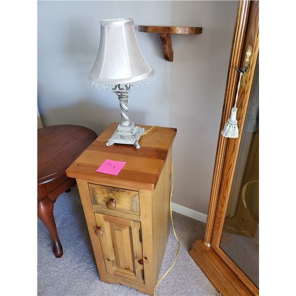 Antique Side Table with Bombay & Company Lamp & handcrafted Mini Maple Wood Wall Shelf