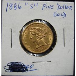 1886-S $5 U.S. LIBERTY GOLD COIN