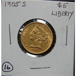 1905-S $5 U.S. LIBERTY GOLD COIN