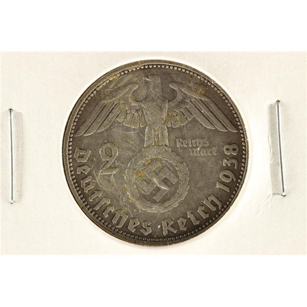 1938-A GERMAN SILVER 2 MARKS WITH SWASTIKA