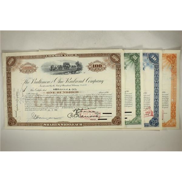 4 VINTAGE STOCK CERTIFICATES BALTIMORE & OHIO