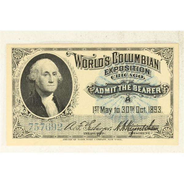 1893 WORLD'S COLUMBIAN EXPO CHICAGO ADMISSION