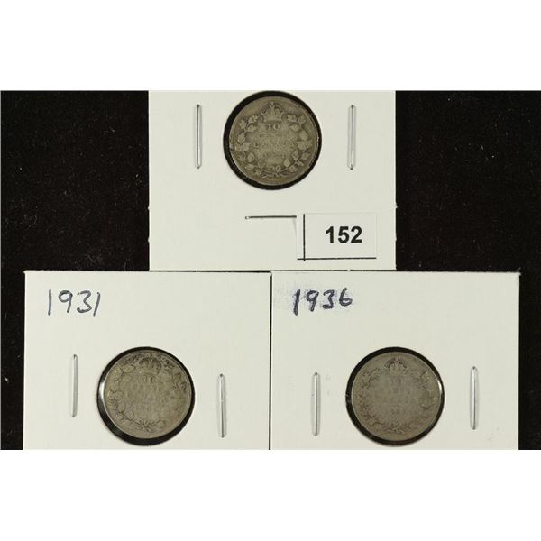 1921, 1931 & 1936 CANADA SILVER 10 CENTS