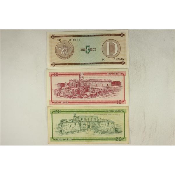 CUBA 5,10 & 20 PESOS FOREIGN EXCHANGE CERTIFICATES