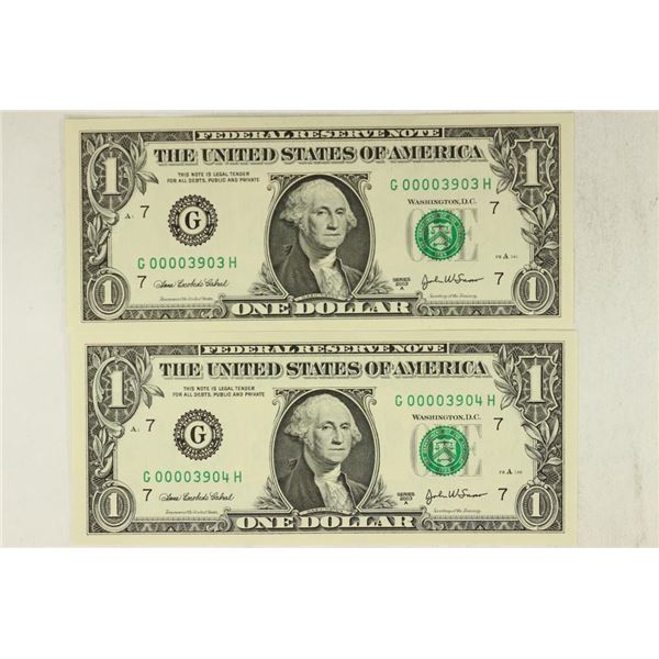 2-2003-A $1 FRN'S LOW CONSECUTIVE SERIAL 'S UNC