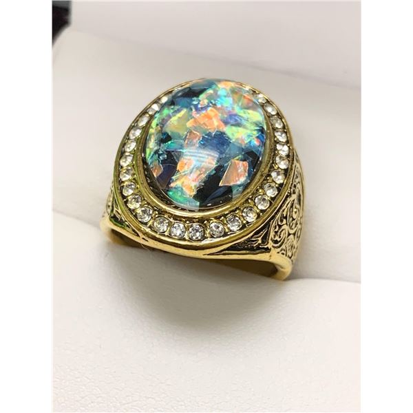 Mens NEW 18K GP Unique Opal Solitaire Ring size 10