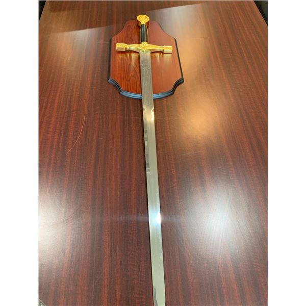 NEW excaliber King Arthur full size sword with hanger plaque sealed in box 32 inch.