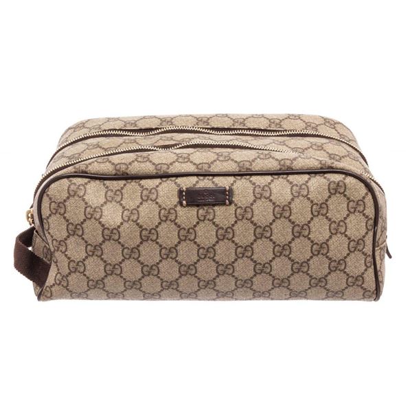 Gucci GG Beige Supreme Leather Toiletry Pouch Cosmetic Bag