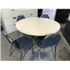 Image 1 : WHITE 48" ROUND TABLE WITH 4 BLUE STACKING SIDE CHAIRS