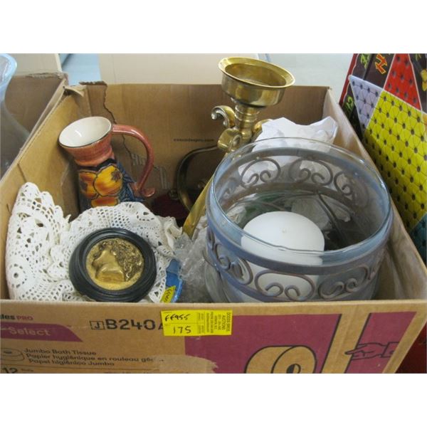 BOX OF MISC. CANDLE HOLDERS, SPITOON, ETC.