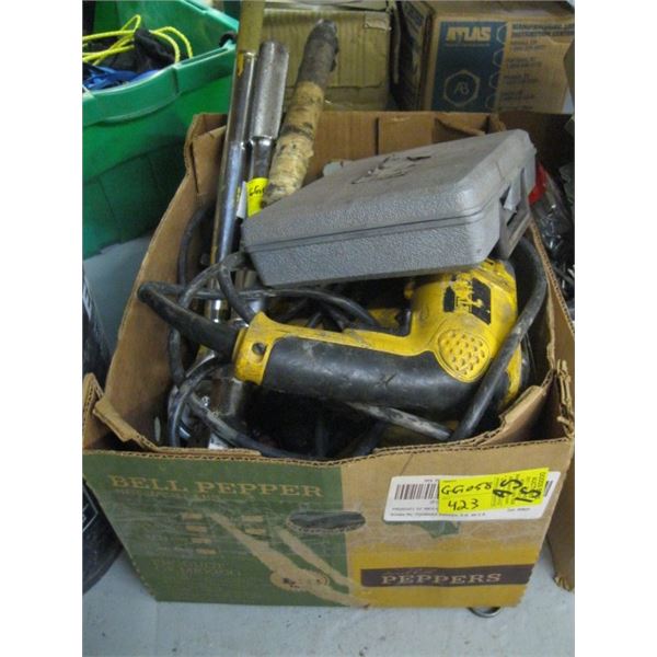 BOX OF MISC. AS IS TOOLS, 3/4" DRIVE RATCHETS, ETC.