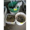 Image 1 : 2 BUCKETS & A BIN OF ASST. ELECTRICAL CLAMPS, TIE DOWN HOLDERS, NAILS, ETC.