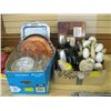 Image 1 : 2 BOXES OF MISC. GLASS DISHWARE, THERMOS, MIXER, DECORATIVE ITEMS, ETC.