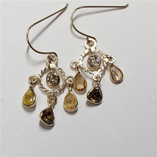 14K Yellow Gold Fancy Color Diamond(1.05Ct,I1-I3) Diamond(0.15ct) Earrings (~weight 0.92g), Made in