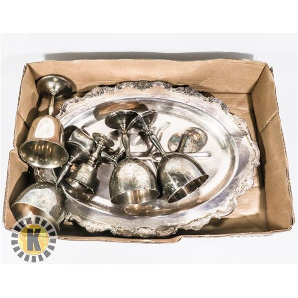 FLAT OF SILVER PLATED AND BRASS CUPS + TRAY