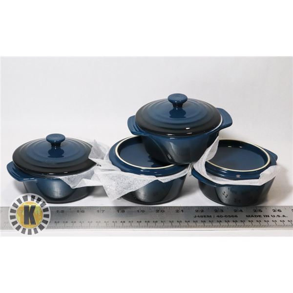 4 MINI BLUE CASSEROLE-  CERAMIC BOWLS WITH LIDS