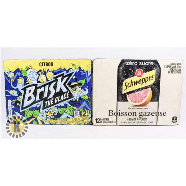 12 PACK OF BRISK ICED TEA AND SCHWEPPES GRAPEFRUIT