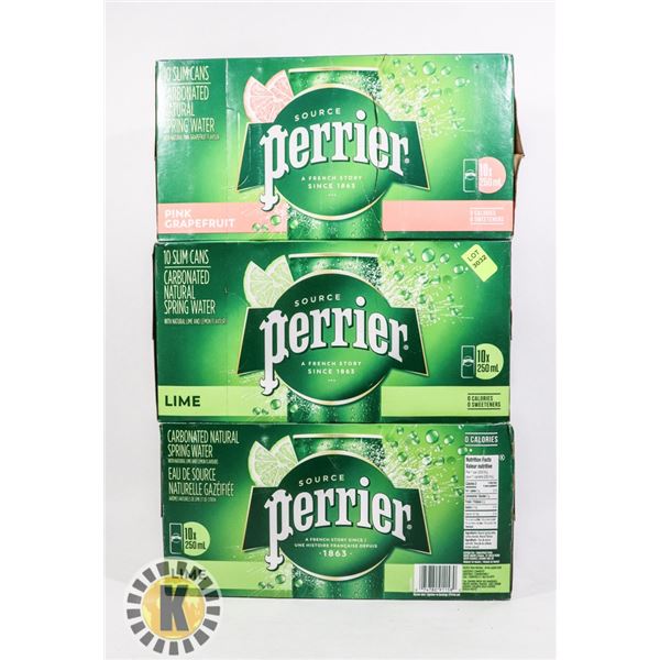 THREE ASSORTED 10 PACKS OF PERRIER CARBONATED