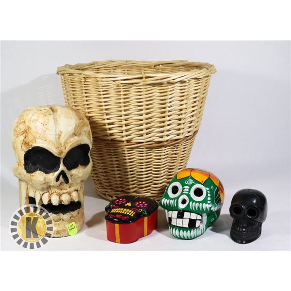 DECORATIVE SKULLS IN WICKER BASKET