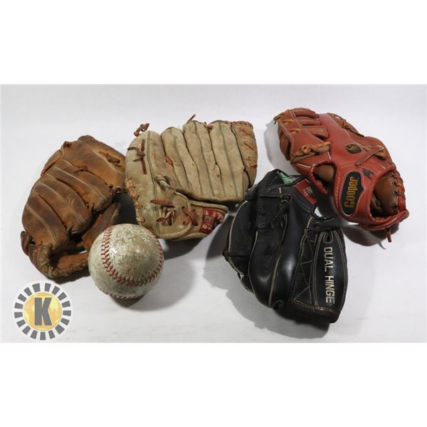 ESTATE BOX OF BASEBALL GLOVES AND BALL