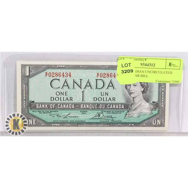 1954 CANADIAN UNCIRCULATED ONE DOLLAR BILL