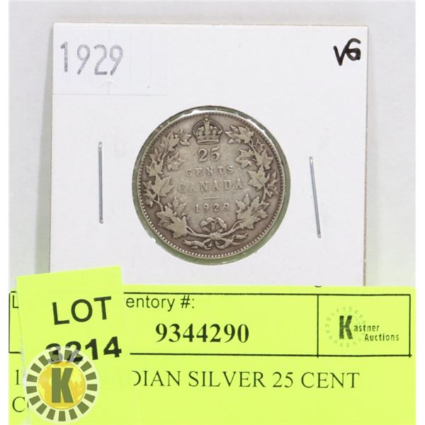 1929 CANADIAN SILVER 25 CENT COIN