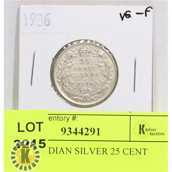 1936 CANADIAN SILVER 25 CENT COIN
