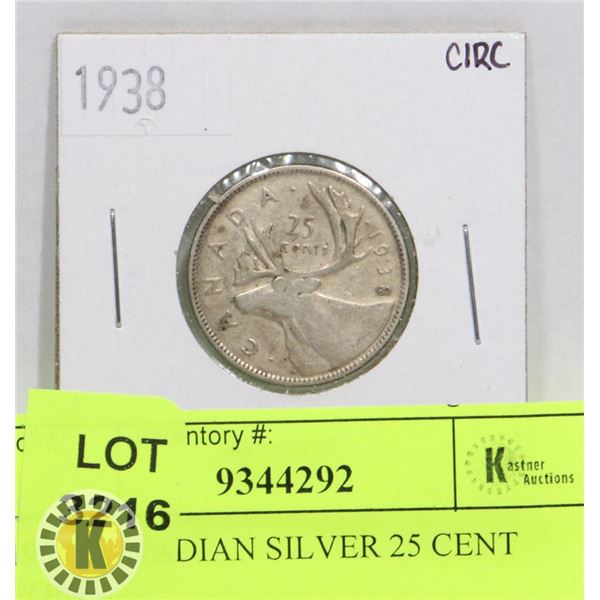 1938 CANADIAN SILVER 25 CENT COIN