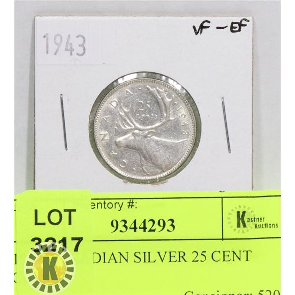 1943 CANADIAN SILVER 25 CENT COIN