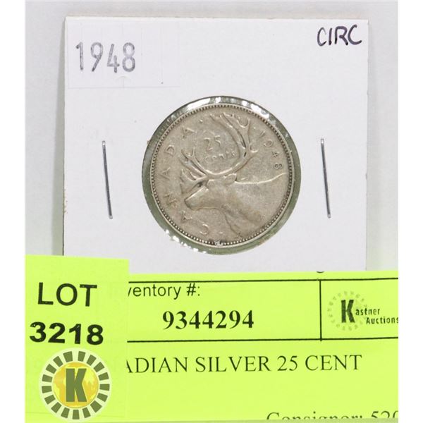 1948 CANADIAN SILVER 25 CENT COIN