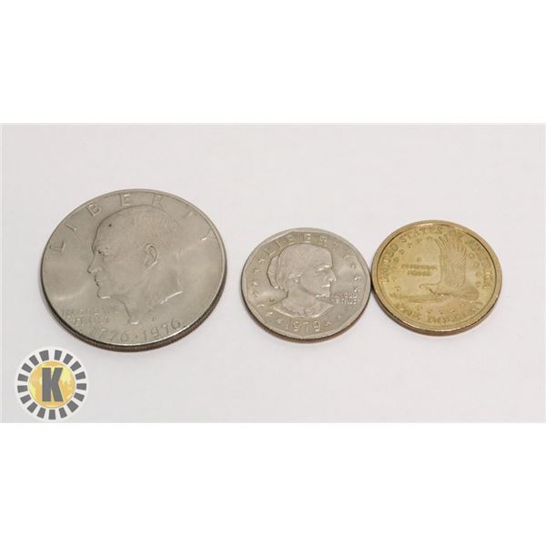 THREE AMERICAN DOLLAR COINS, YEARS 1976,