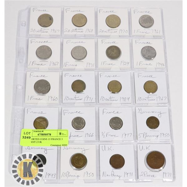 20 ASSORTED COINS 15 FRANCE 3 GERMANY 2 UK