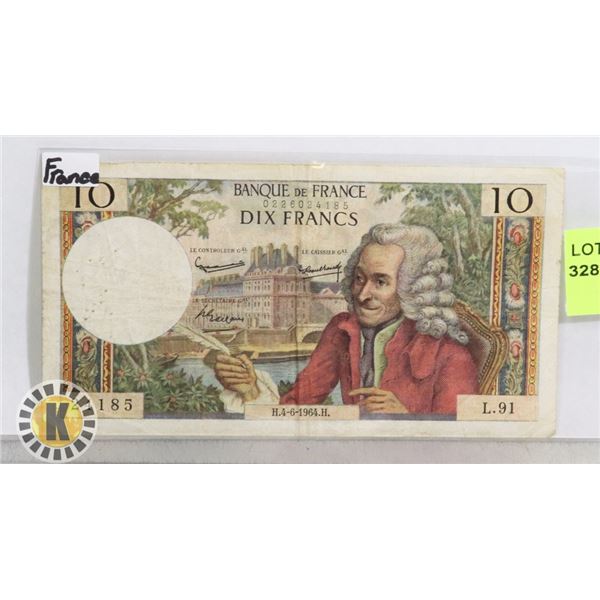 1964 BANK OF FRANCE 10 FRANCS BANK NOTE