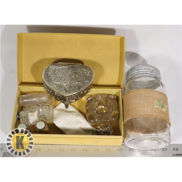 BOX OF MINI VINTAGE DECANTERS AND LARGE JAR