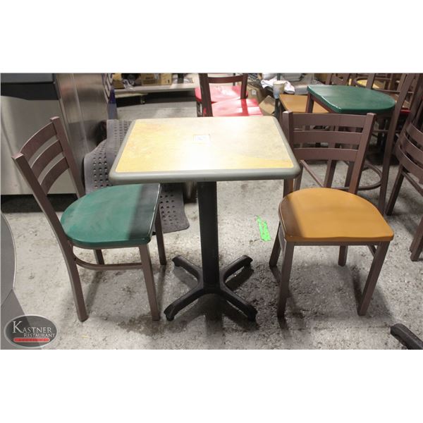 2 SHORT RESTAURANT CHAIRS AND 1 SHORT TABLE