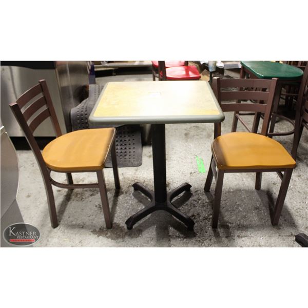 2 SHORT RESTAURANT CHAIRS AND 1 SHORT TABLE