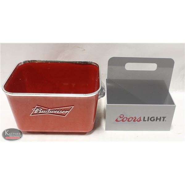 LOT OF COORS LIGHT CADDY AND BUDWEISER GLASS CADDY