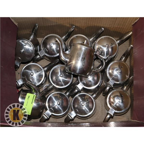 BOX OF STAINLESS MINI TEA KETTLES