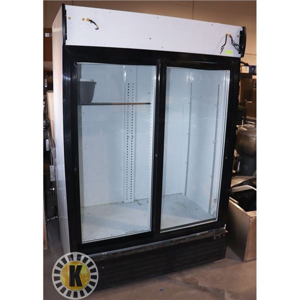 2 DOOR SLIDING GLASS COOLER. WORKING, NO SHELVES